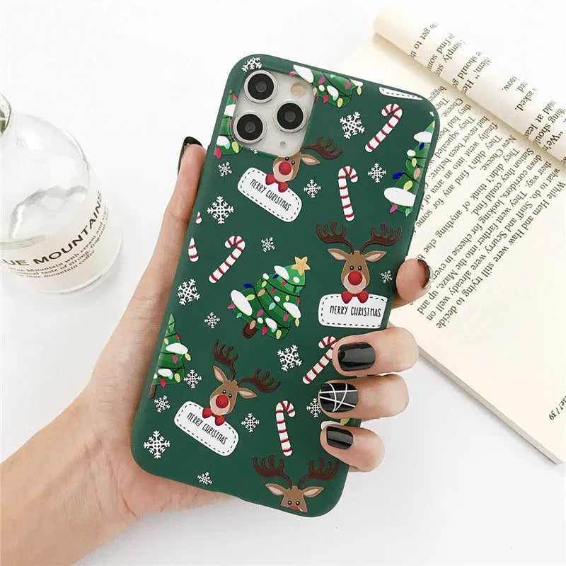 Green Christmas cartoon elk and tree design TPU back cover case for iPhone.