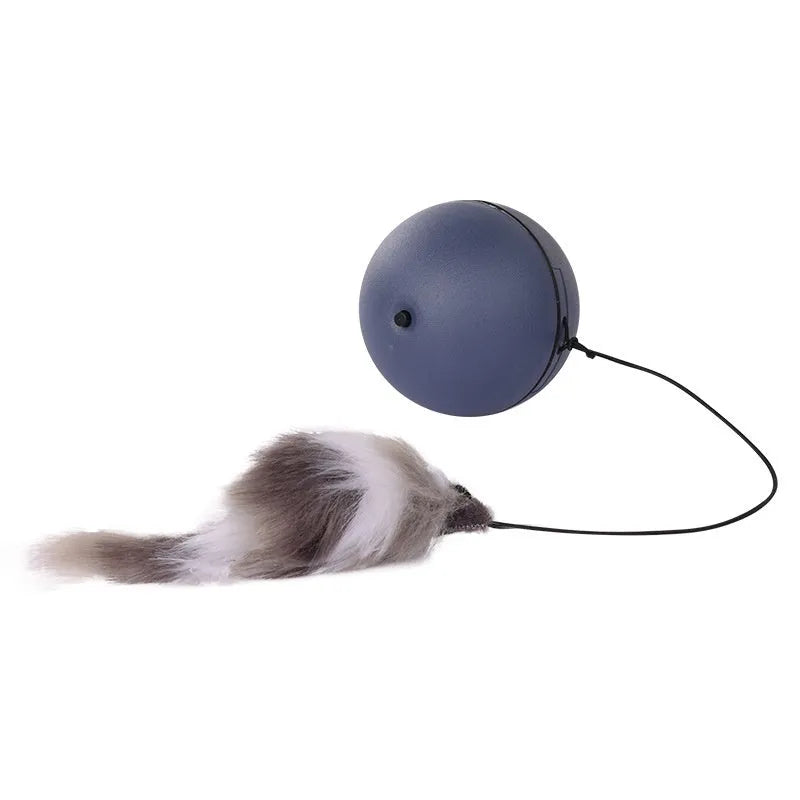 Automatic cat teasing ball with plush mouse attachment in blue orange and dark grey colours