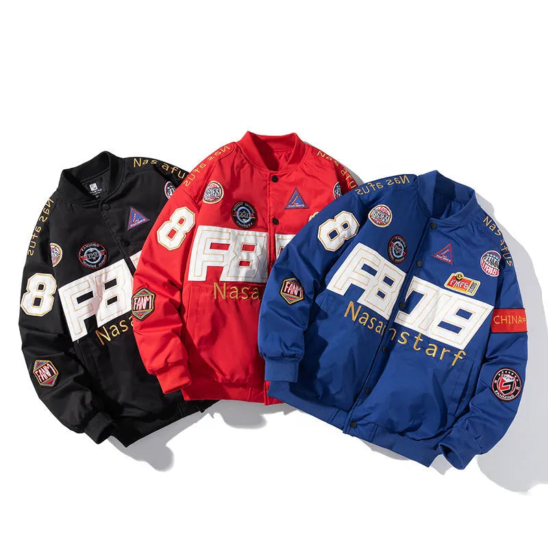 American motorcycle baseball uniform jacket in loose fit with detachable hood option