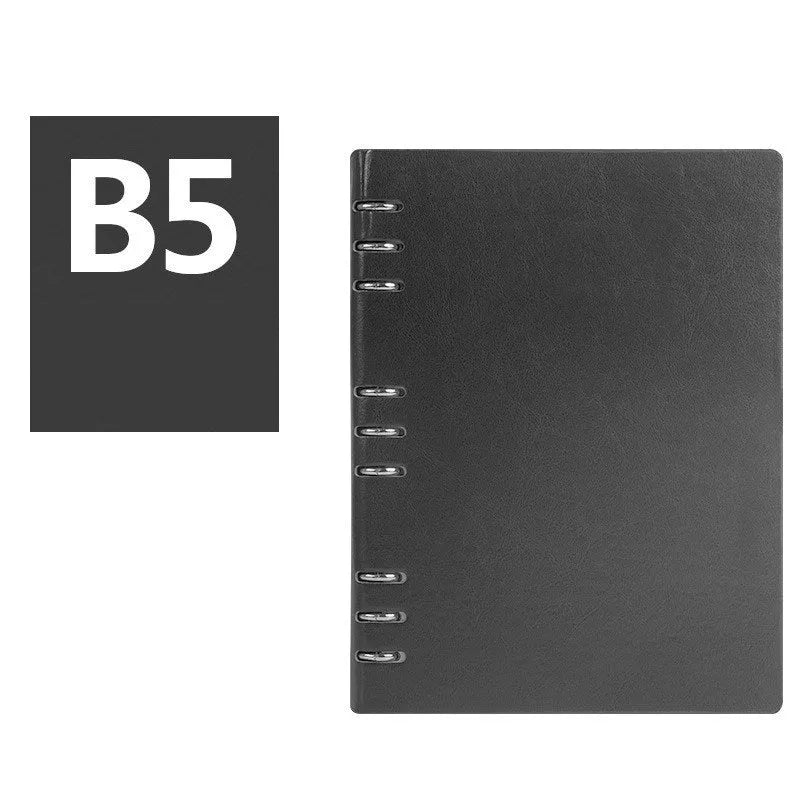 Loose-leaf business notebook in seaweed green imitation leather cover showing A5 size with beige paper