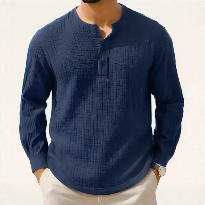 Men's slim fit cotton linen blend long sleeve t-shirt in Army Green with three-quarter sleeves.
