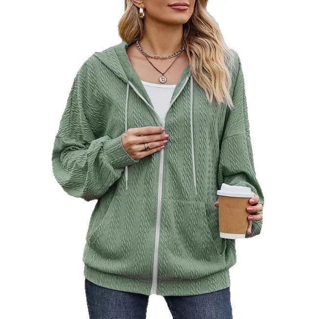 Green loose fit hooded sweater zip coat for women with front closure and long sleeves