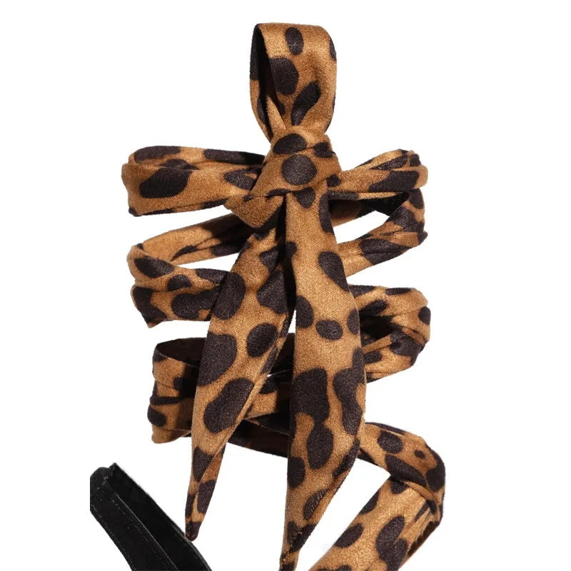 Light brown leopard print women's high heel sandals with cross straps and 8cm thin heel
