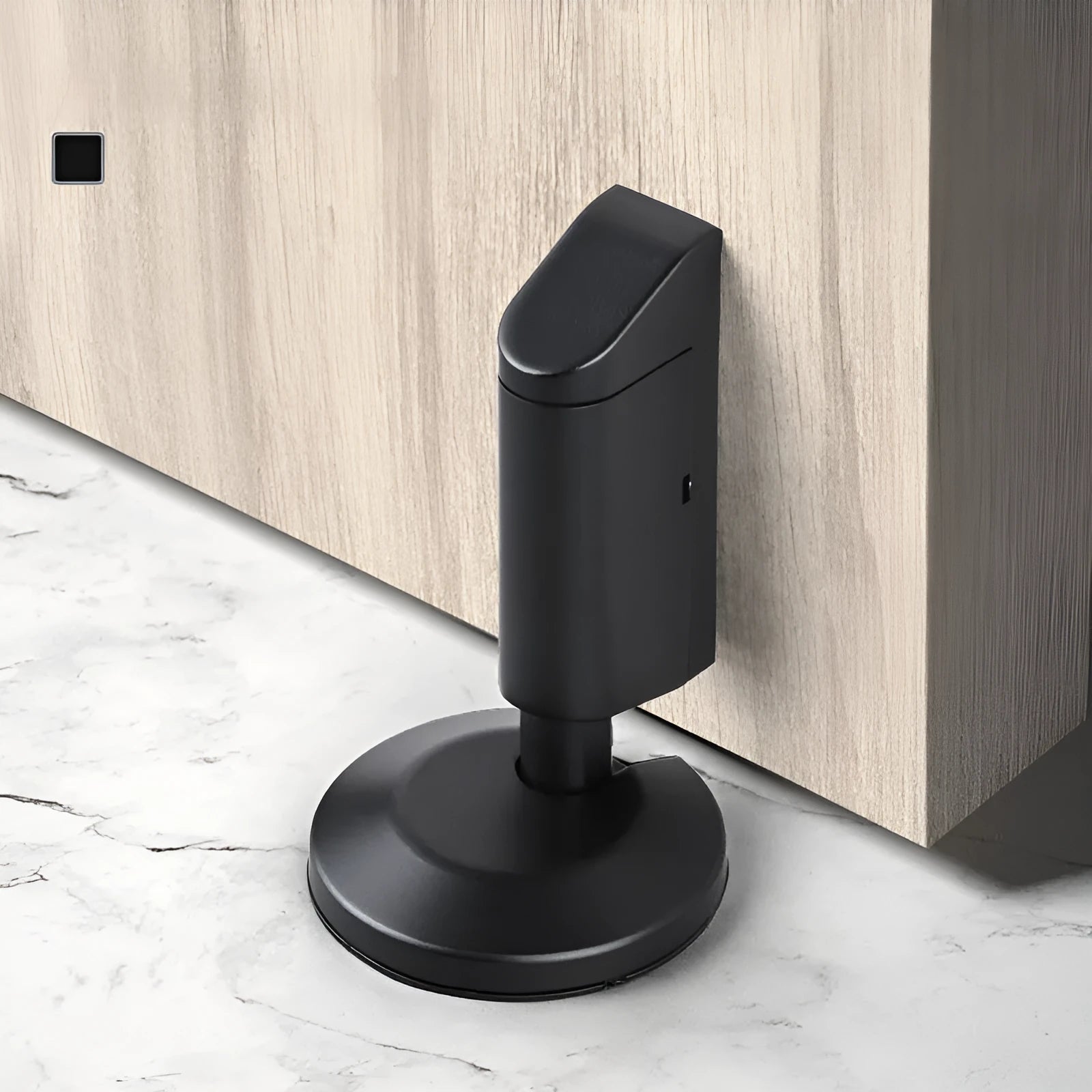 Modern zinc alloy door stopper in brushed nickel finish on a wooden floor.