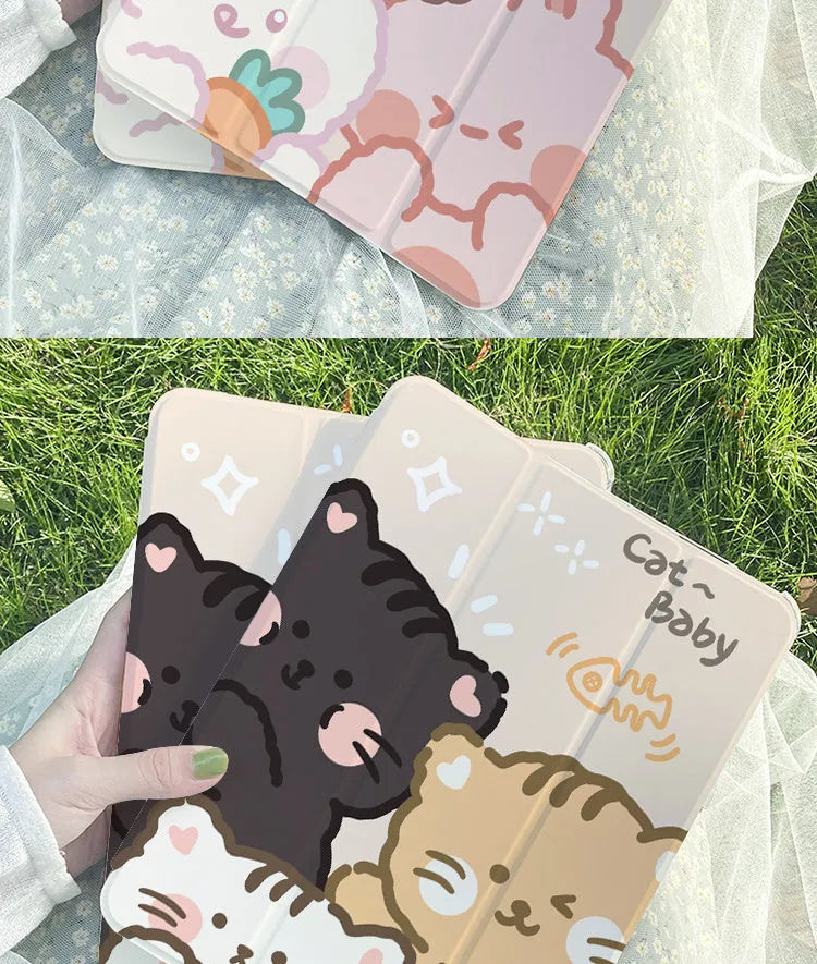 Cartoon rabbit silicone tri-fold protective case for iPad on a table