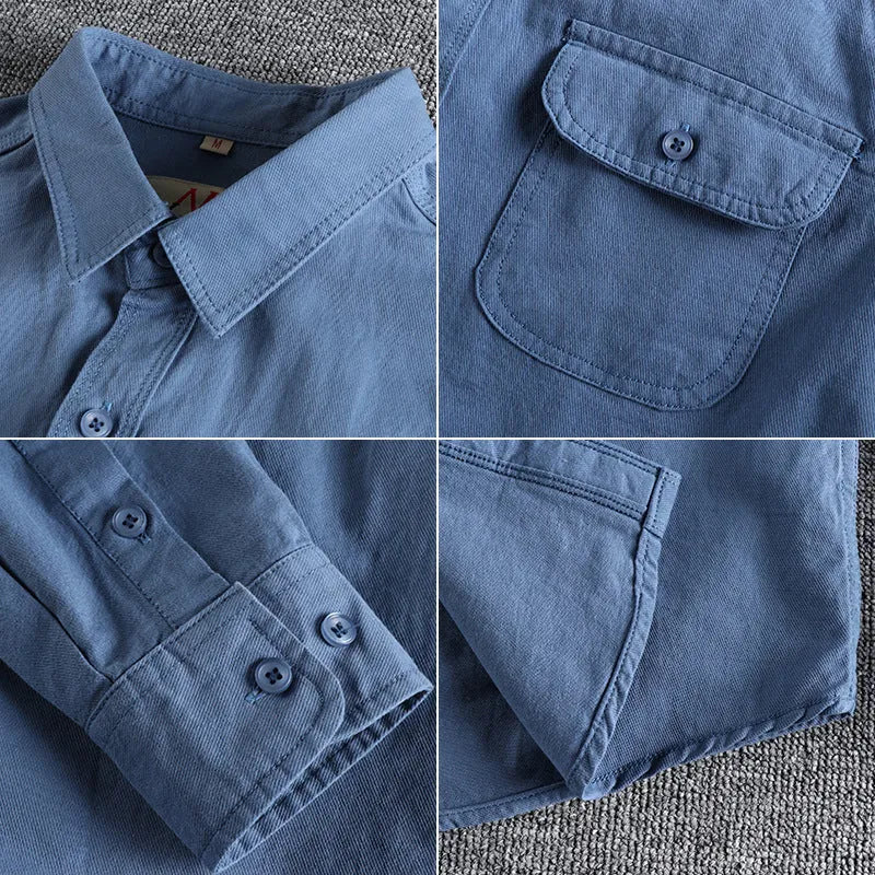 British retro men's cotton long sleeve shirt in light blue solid colour regular fit