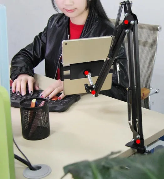 Adjustable black phone tablet stand holding mobile device at eye level