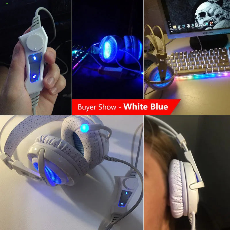 Black and white USB gaming headset with LED lights on earcups and a padded headband.
