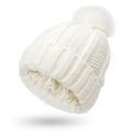 Wool beanie hat with faux fur pom pom, shown in black, with a visible satin lining.