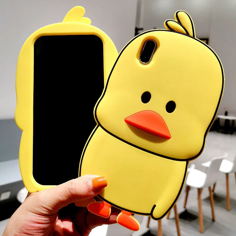 Green silicone iPhone case with cartoon animal design showing drop and water resistance features