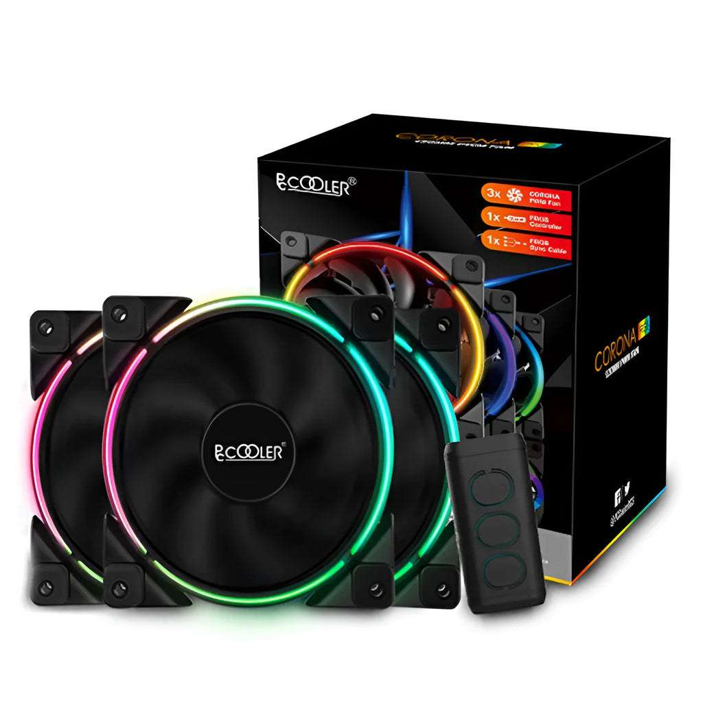Set of three black 120mm RGB cooling fans for PC computer case