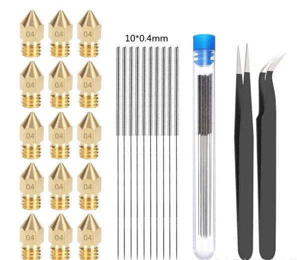 MK8 brass 3D printer nozzle and stainless steel cleaning pin kit for Ender 3 and CR-10.