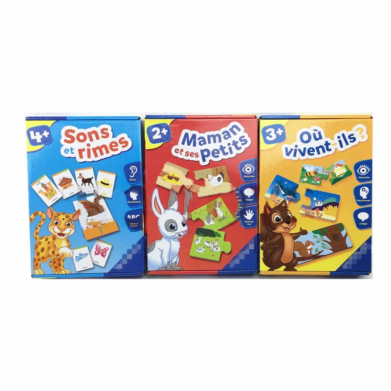 French educational puzzle cards with pictures and words for children aged 2+