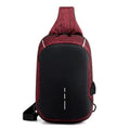 Oxford waterproof chest bag in dark blue colour showing front zipper opening and cross-body strap