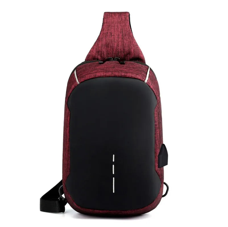 Oxford waterproof chest bag in dark blue colour showing front zipper opening and cross-body strap