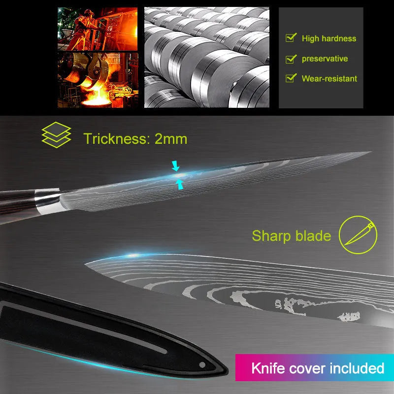 7CR17 stainless steel chef knife with laser Damascus pattern, 30cm long with colour steel handle