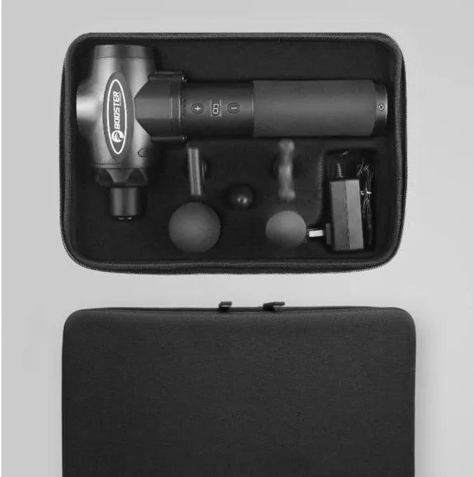 Black and white muscle massage gun with lithium battery and adjustable speed control