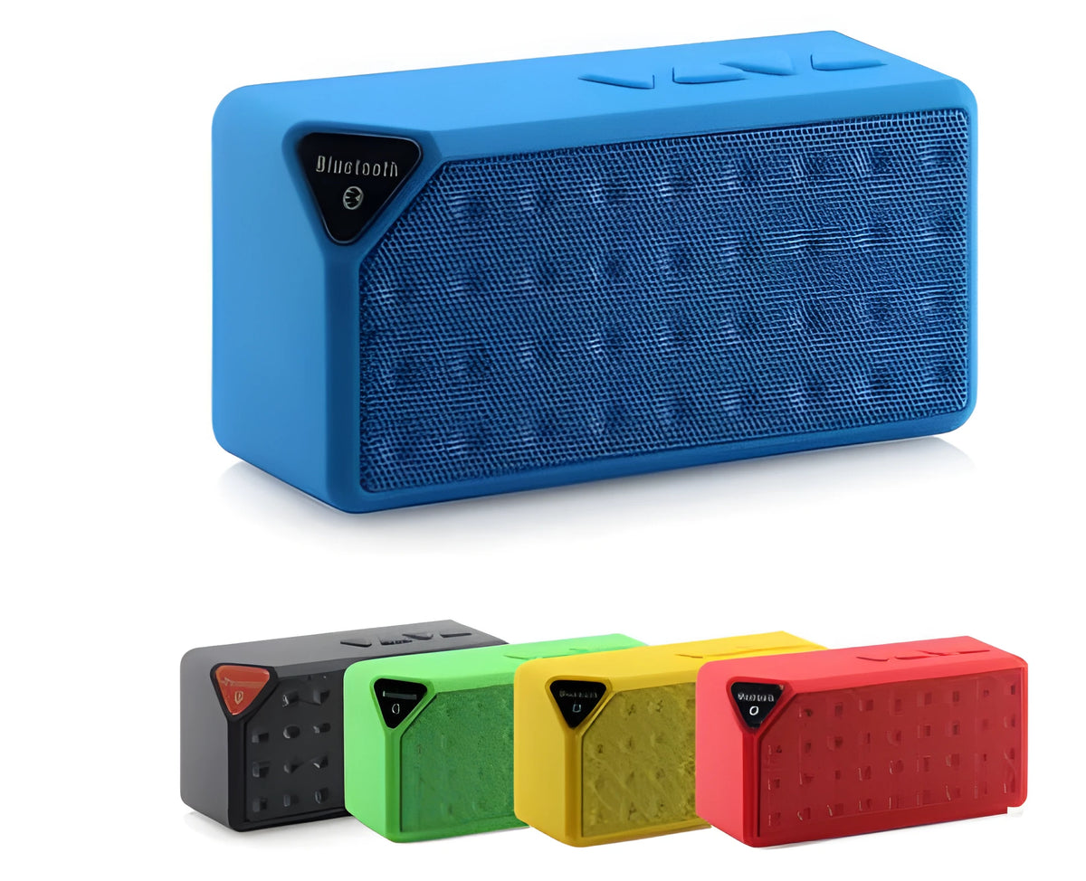 Cannon X3 small cube-shaped portable Bluetooth speaker in black, blue, green, red, and yellow colour options