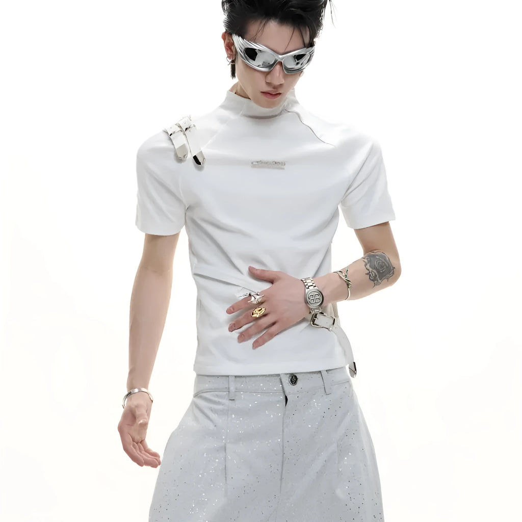 Men's black slim fit cotton T-shirt with a small stand-up collar and decorative metal belt stitching design.