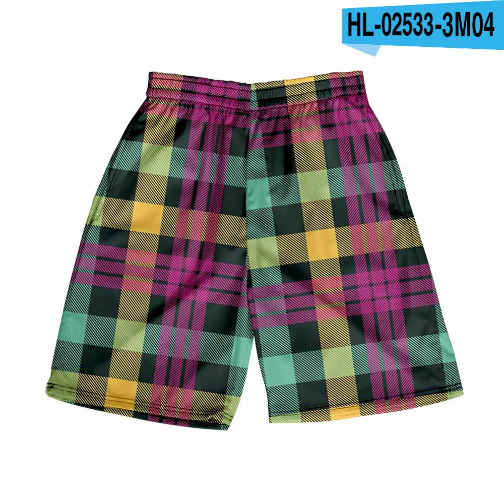 Men's plaid pattern shorts with elastic waistband in straight leg design for casual wear