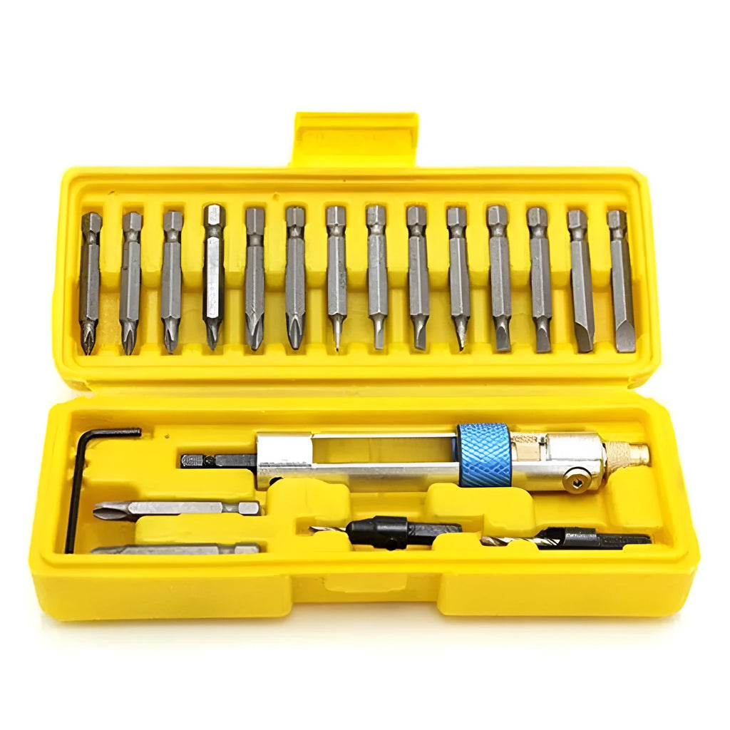 Half Time Drill driver attachment with swivel head and set of Phillips, flathead, and countersink bits