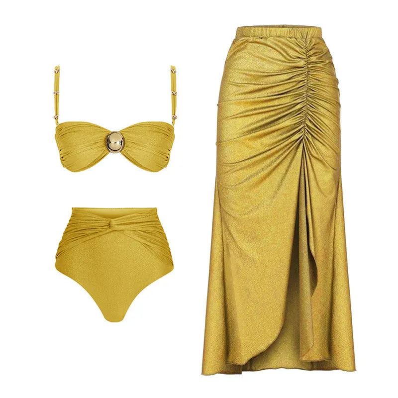 Women's high-waist split bikini swimsuit in nylon, shown in green and yellow colour options.