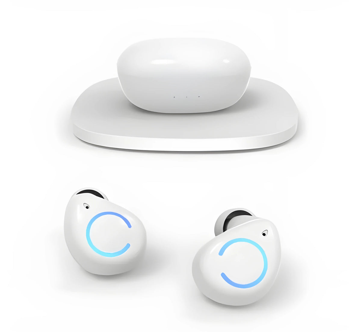 Black and white M18 true wireless in-ear headphones with compact rectangular charging case.