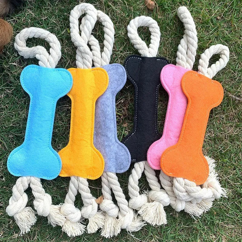 Durable bone-shaped dog chew toy made of felt and rope knots in blue, for bite resistance training.