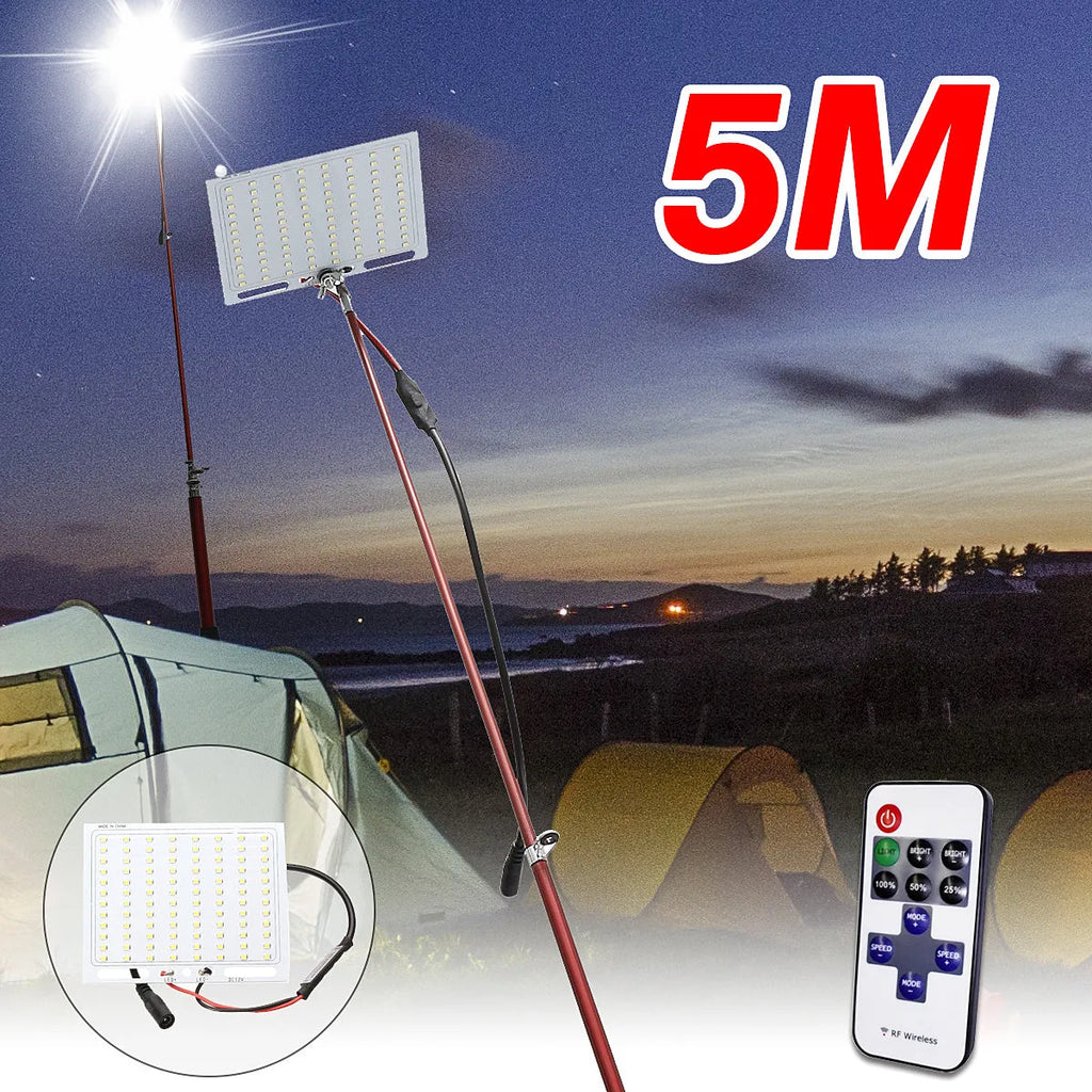 White LED fishing rod light on a telescopic pole with a remote control, showing the 120x95mm panel.