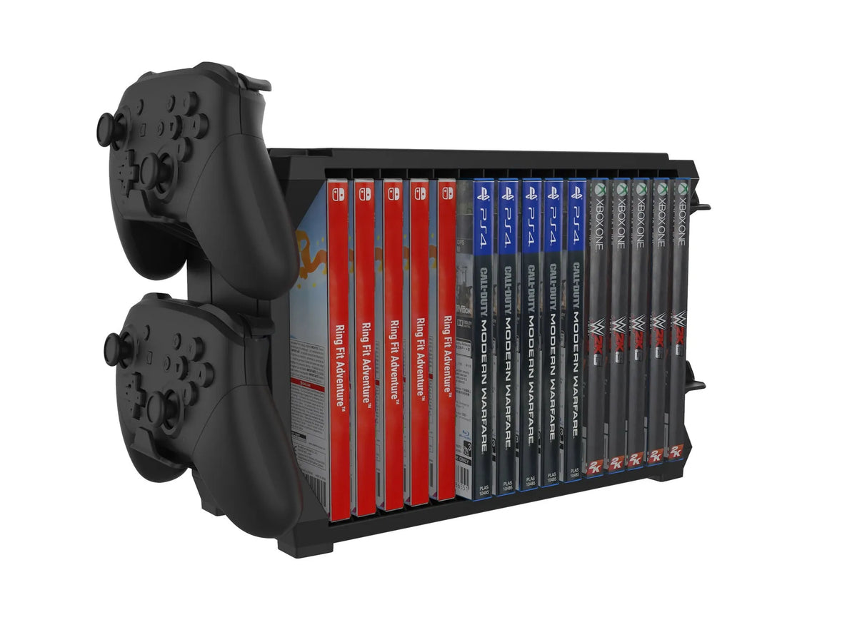 Black PS5 and Xbox Series X game disc holder with slots for game cartridges and four controller handles.