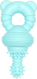 Blue rubber molar-shaped dog chew toy with textured surface and bell inside, for large breeds.