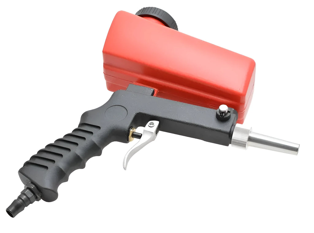 Portable black and blue pneumatic sandblasting gun with gravity-feed pot for rust removal and descaling.