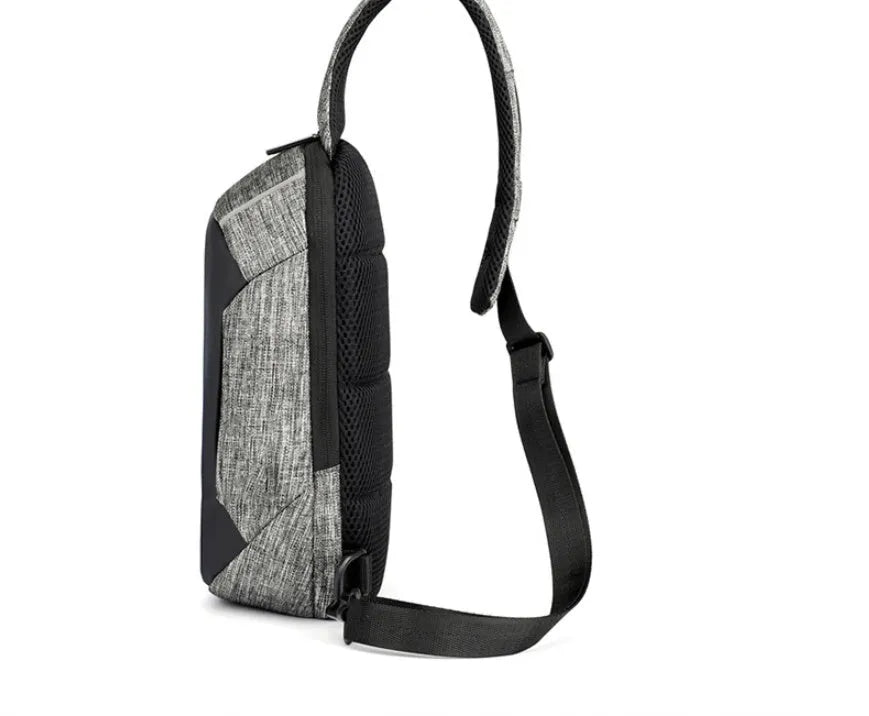 Oxford waterproof chest bag in dark blue colour showing front zipper opening and cross-body strap