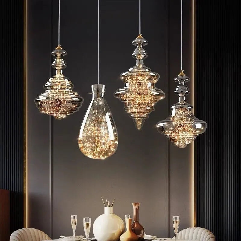 Modern glass chandelier ceiling light with adjustable height and remote control