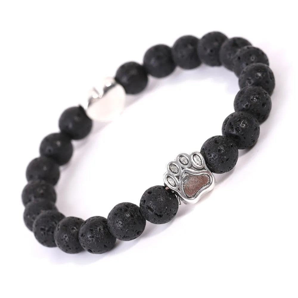 Tigereye and Indian Agate stone bracelet with a geometric dog's paw and love heart design on a round beaded band.