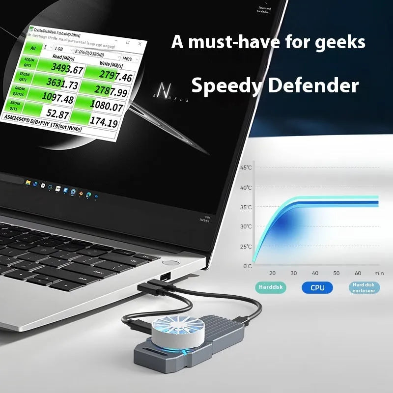 Silver aluminium USB4 external hard drive enclosure for NVMe M.2 SSDs with Type-C port, shown next to its product manual.