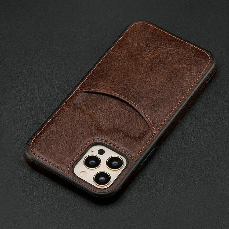 Dark blue PU leather iPhone case showing front and back views with precise cutouts