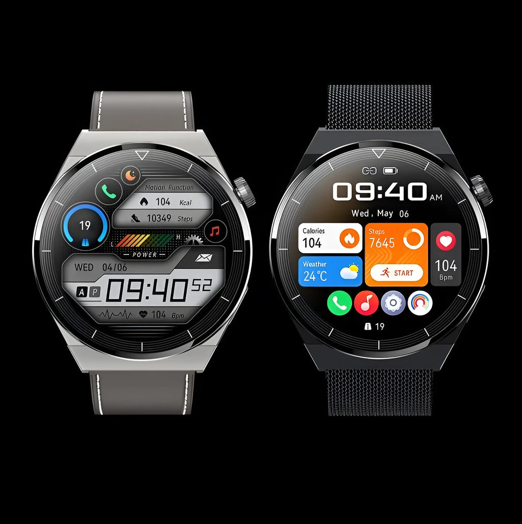 Round smartwatch with black silicone strap showing Bluetooth calling and NFC access control on its 1.36-inch screen