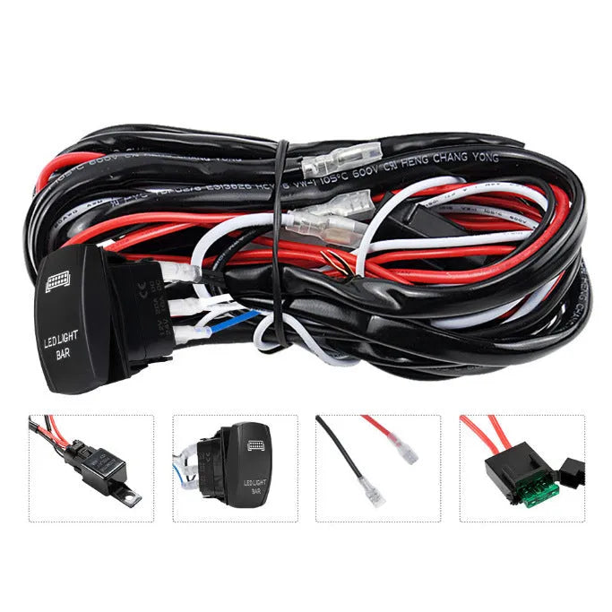 Black off road LED spotlight cable set with 2-metre wiring harness and integrated switch