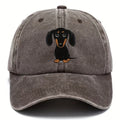 Retro washed blue cotton baseball cap with a machine-embroidered brown Dachshund dog graphic on the front.