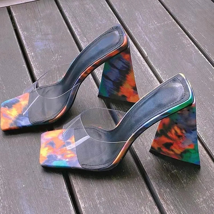 Women's black square toe thick high heel slippers with triangle heel design