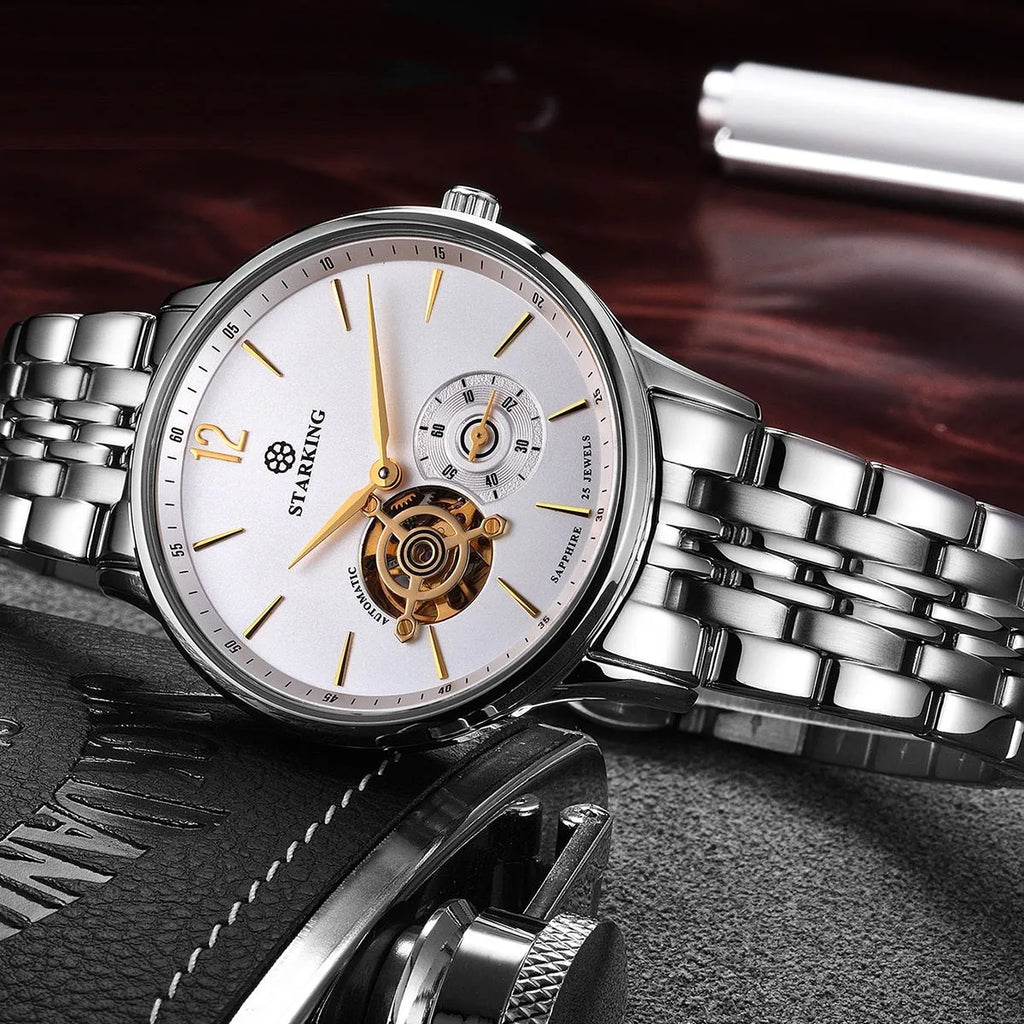 Automatic mechanical business watch with brown leather strap and stainless steel case