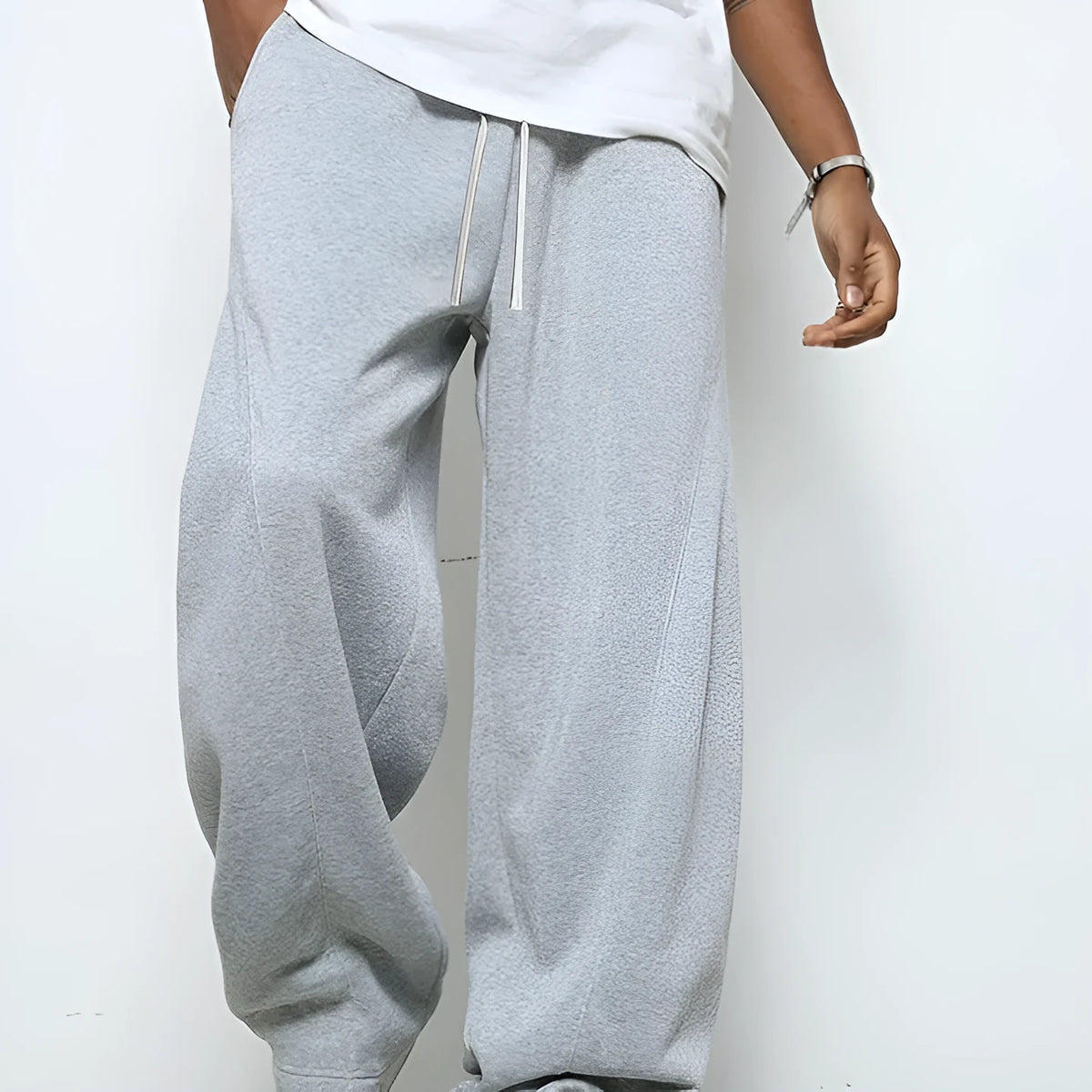Men's straight-leg casual trousers in grey with a drawstring waistband