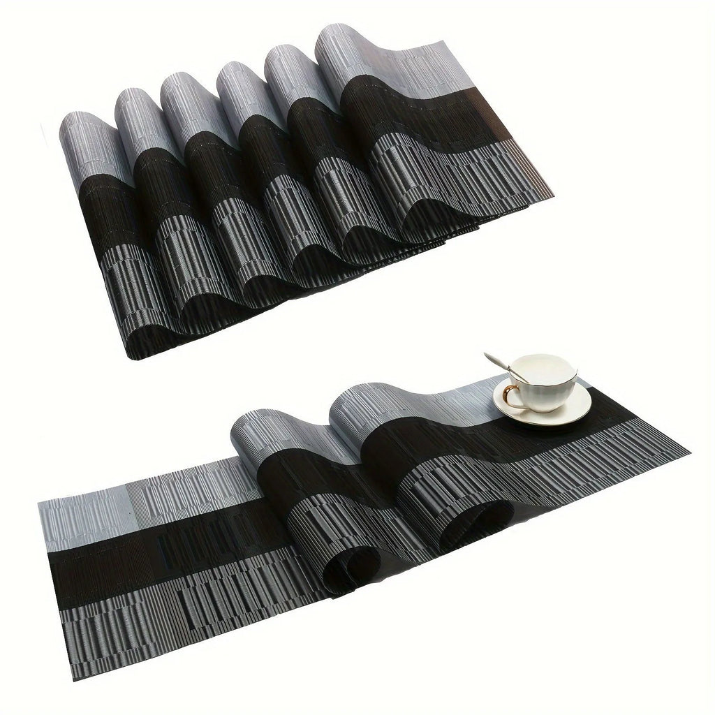 Modern PVC non-slip dish mat in gradient bamboo pattern placed in a kitchen sink.
