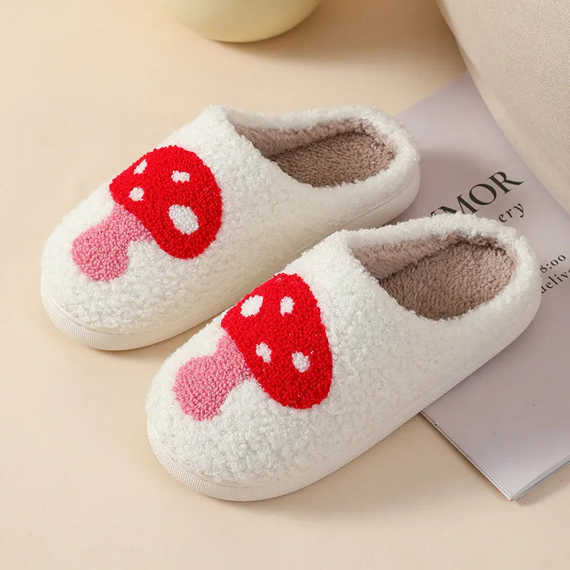 Plush cartoon love style slippers for women with non-slip PVC sole