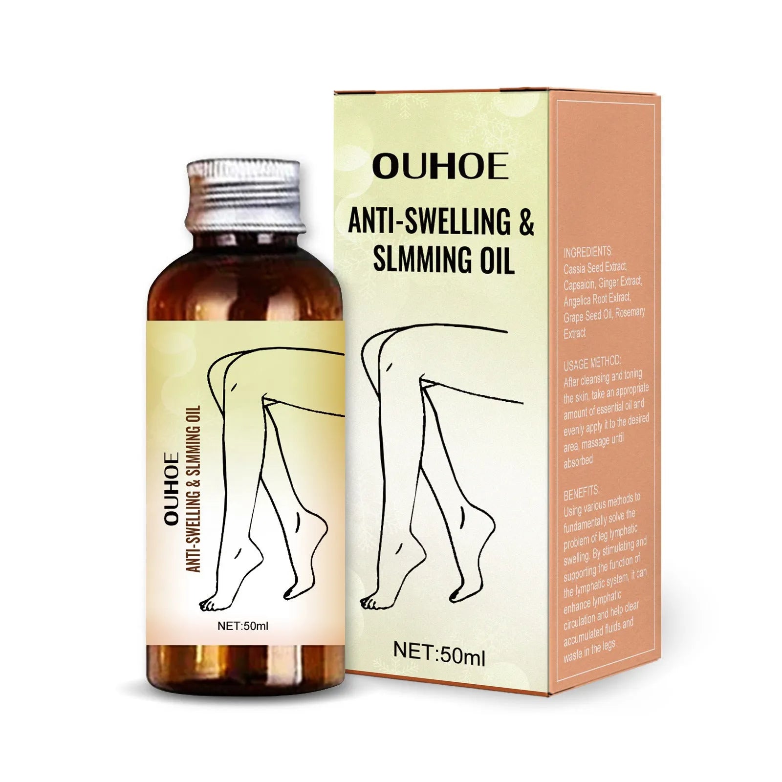 50ml bottle of moisturising body care essential oil for leg massage with botanical extracts