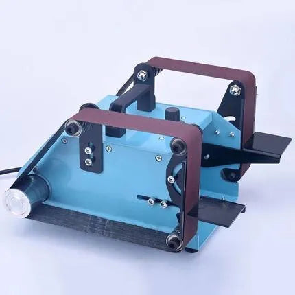 Blue desktop dual-axis belt sander with 750W motor and variable speed control for workshop use