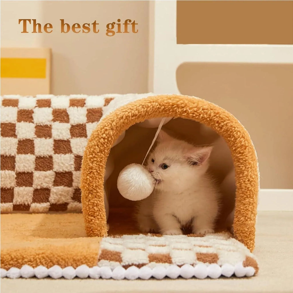 Brown plush plaid cat tunnel bed with central mat, showing collapsible tube and non-slip bottom