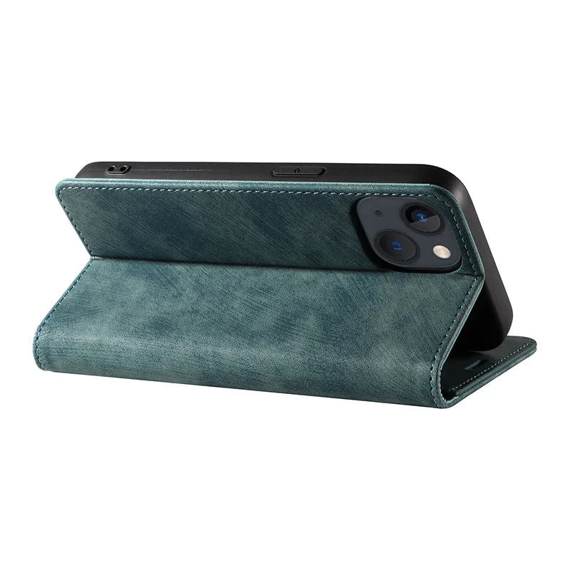 Magnetic flip phone case for iPhone in grey, made from TPU and leather with a solid colour design.