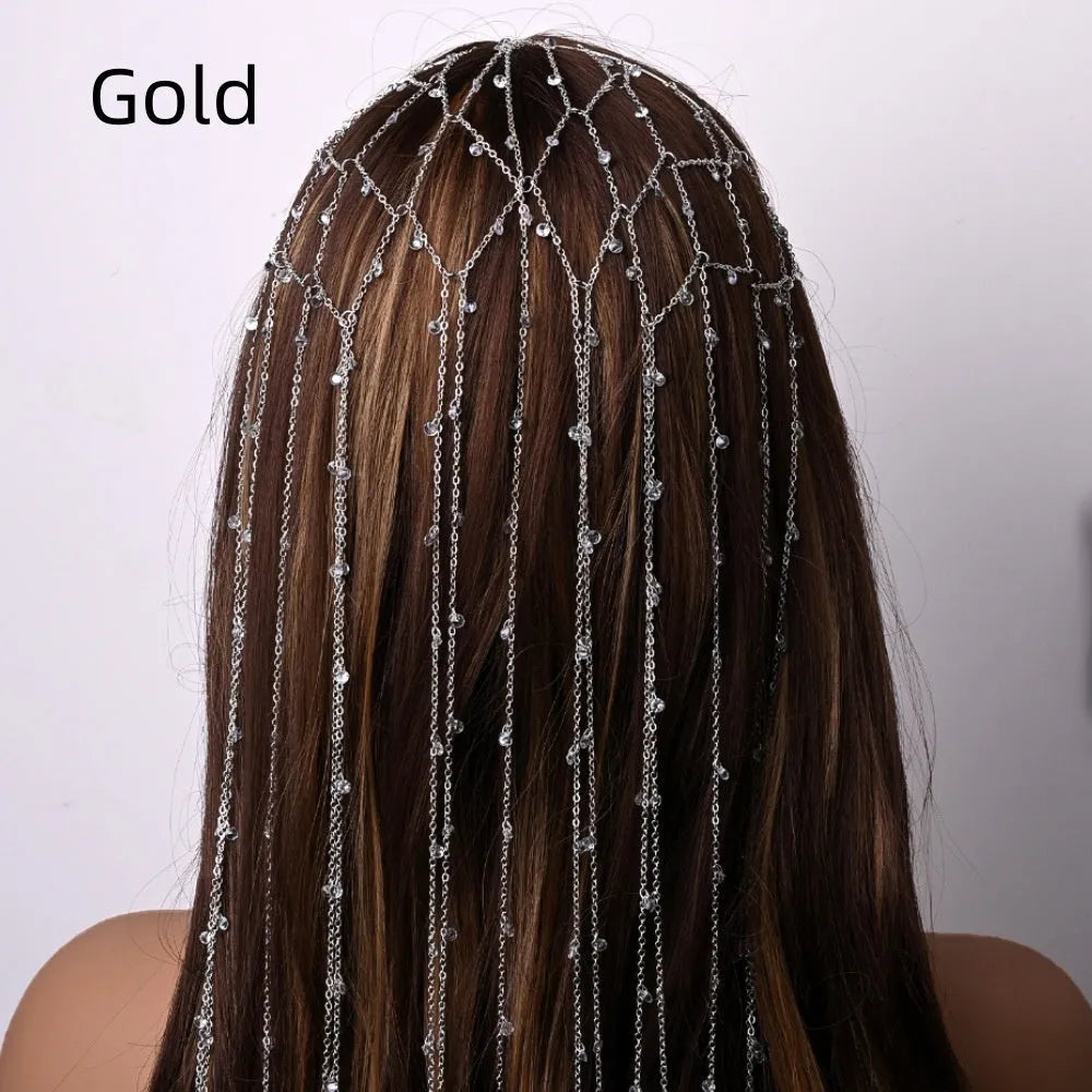 Gold or silver mesh tassel rhinestone hair band decorative accessory